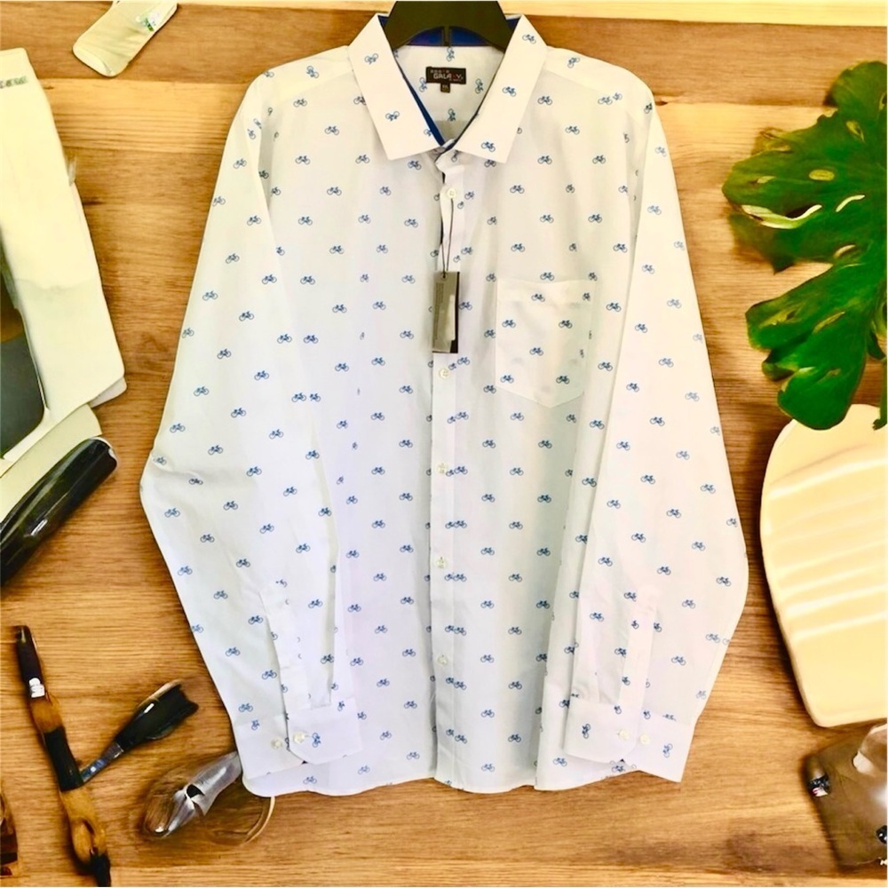 Galaxy By Harvic White and Blue Bicycle Pattern Shirt